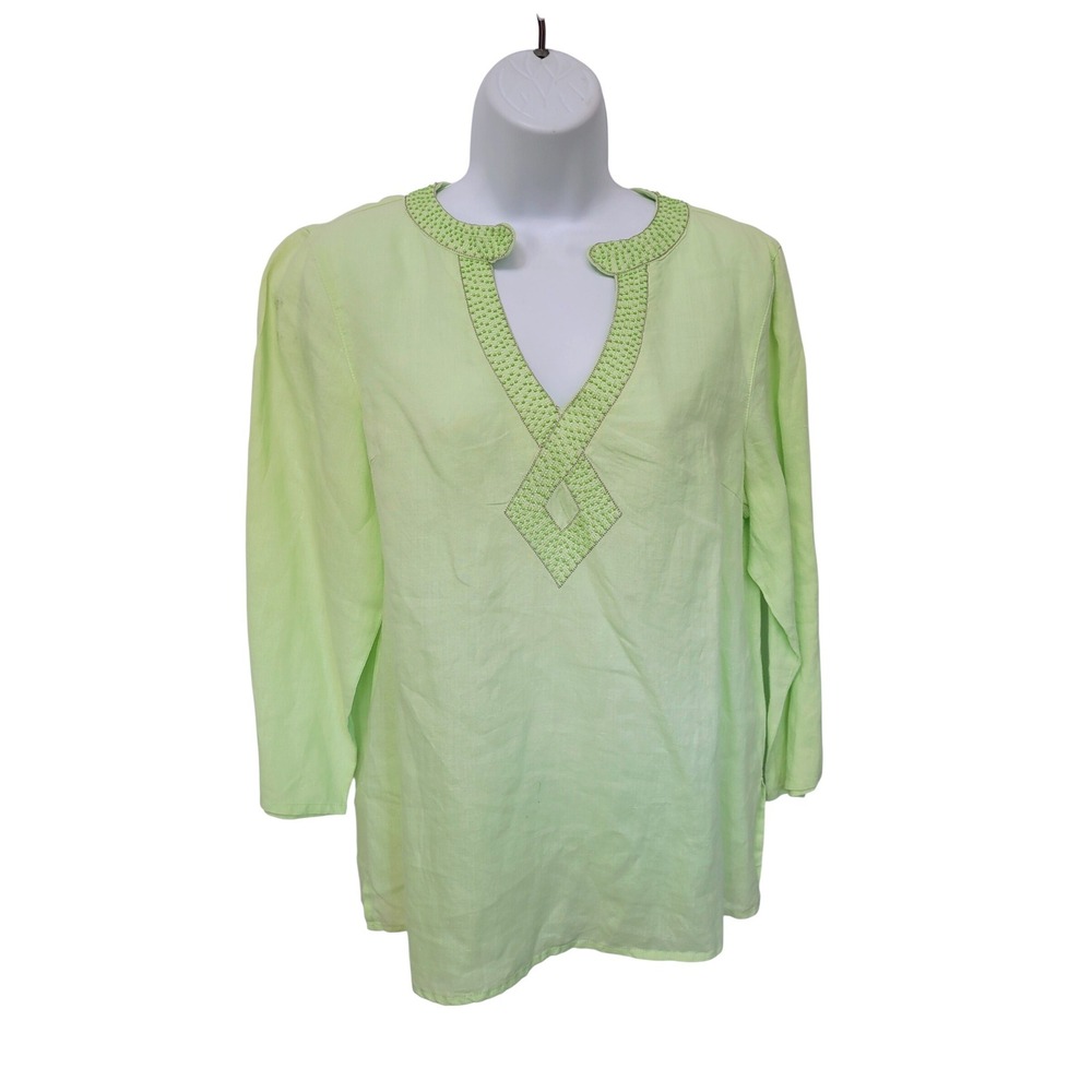 Appraisal Tunic Women Large Green Beaded Split Neck Long Sleeve Ramie Top